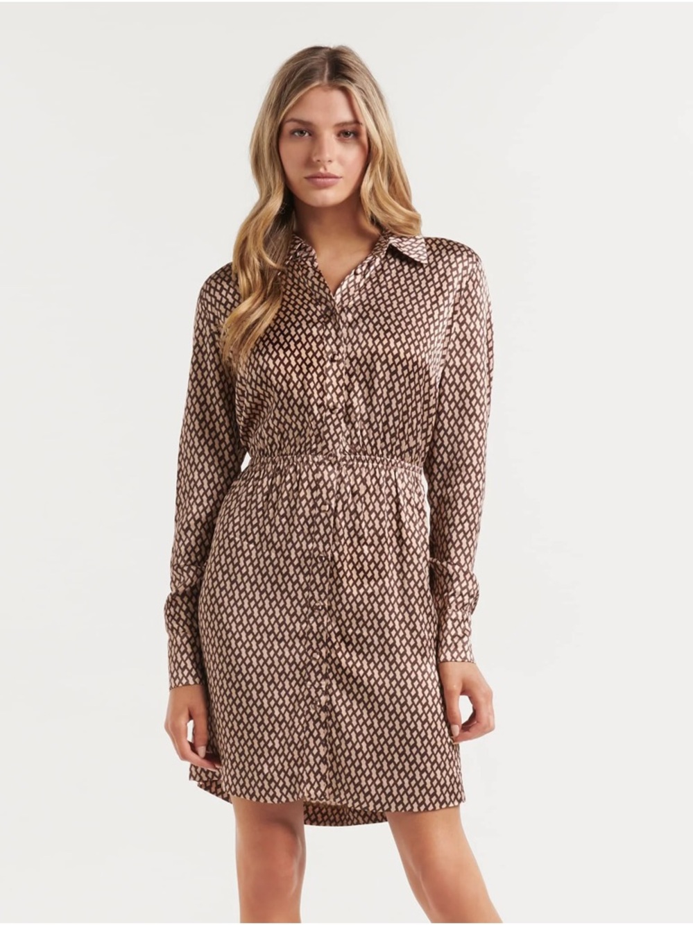 Ever New Brown Printed Long Spring/Summer-Sleeve Shirt Dress